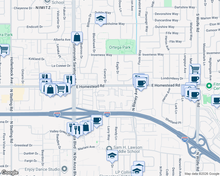 map of restaurants, bars, coffee shops, grocery stores, and more near 10995 Northseal Square in Cupertino