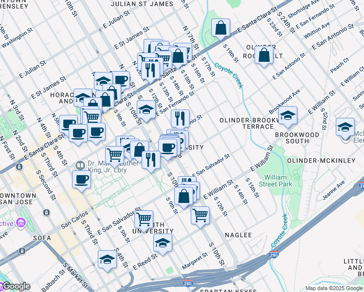 map of restaurants, bars, coffee shops, grocery stores, and more near 215 South 12th Street in San Jose