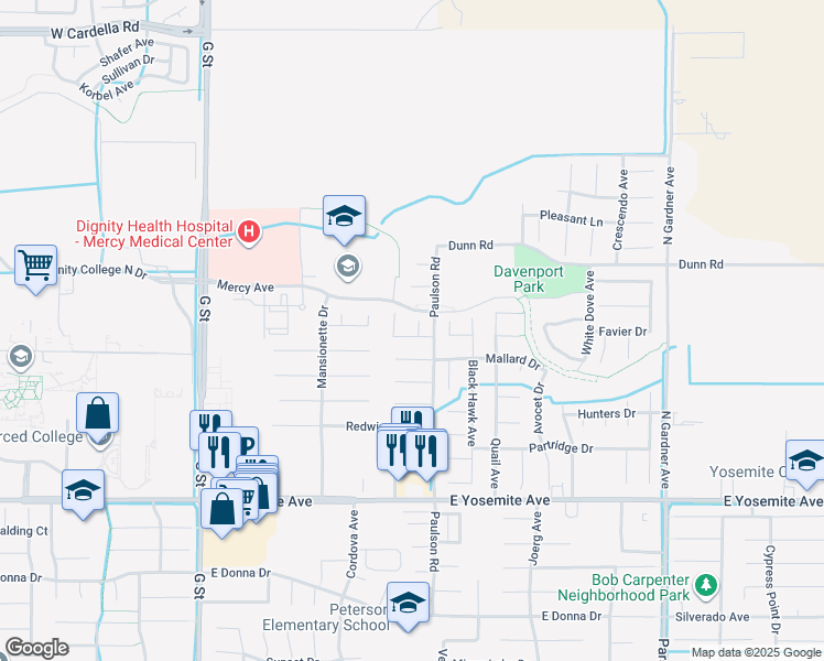 map of restaurants, bars, coffee shops, grocery stores, and more near 3937 Finch Court in Merced