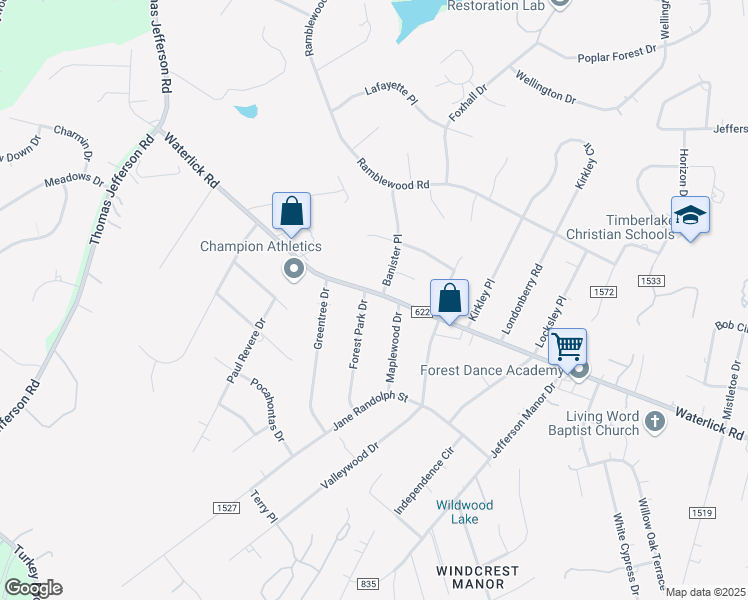 map of restaurants, bars, coffee shops, grocery stores, and more near 100 Forest Park Drive in Forest