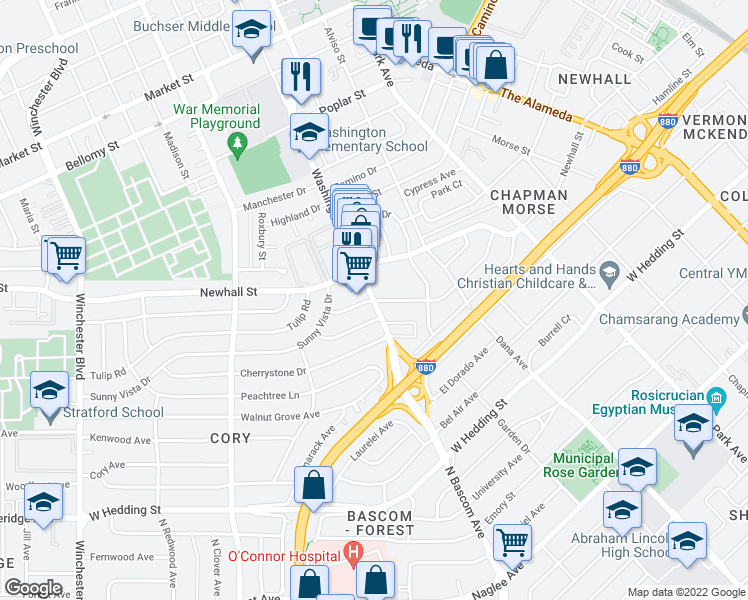 map of restaurants, bars, coffee shops, grocery stores, and more near N Bascom Ave & Heatherdale Ave in San Jose