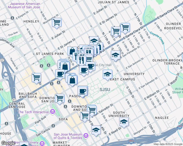 map of restaurants, bars, coffee shops, grocery stores, and more near 272 East Santa Clara Street in San Jose