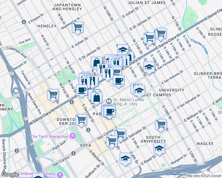 map of restaurants, bars, coffee shops, grocery stores, and more near 272 East Santa Clara Street in San Jose