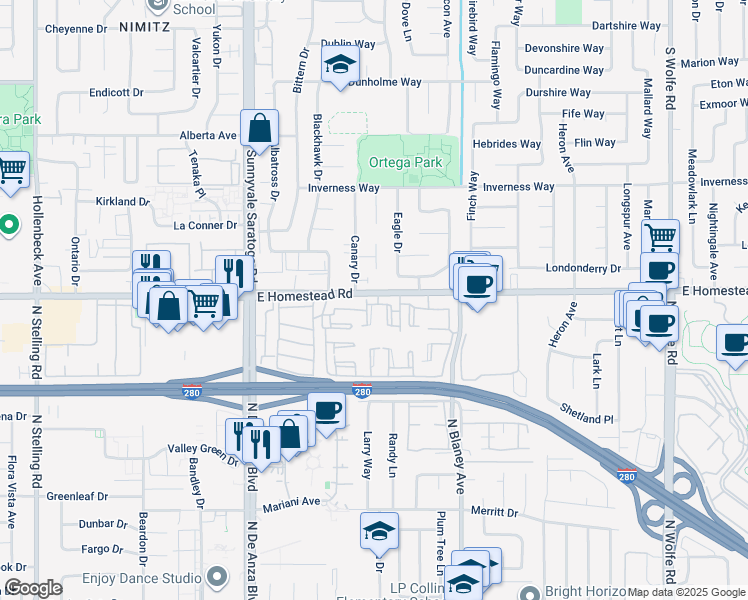 map of restaurants, bars, coffee shops, grocery stores, and more near 575 East Homestead Road in Sunnyvale