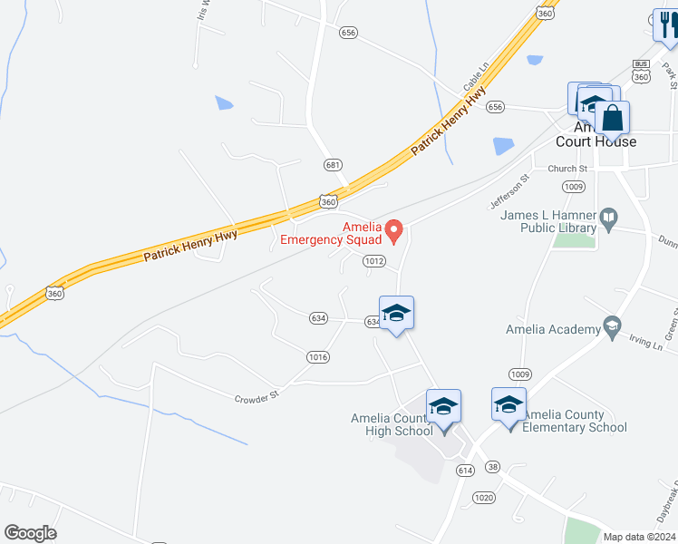 map of restaurants, bars, coffee shops, grocery stores, and more near 16921 Zion Hill Road in Amelia Court House