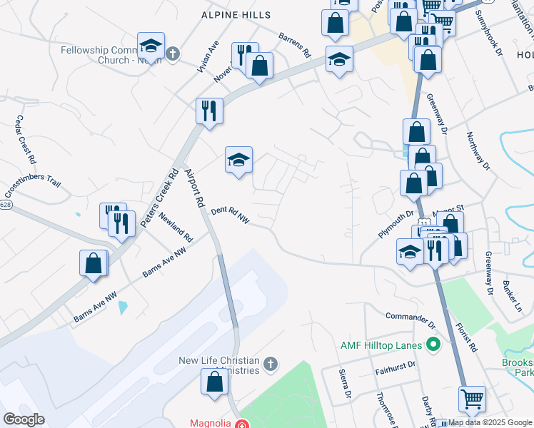 map of restaurants, bars, coffee shops, grocery stores, and more near 713 Lakeview Circle in Roanoke