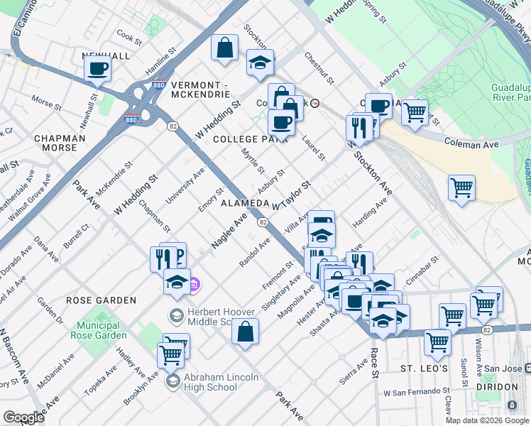 map of restaurants, bars, coffee shops, grocery stores, and more near 1050 Asbury Street in San Jose