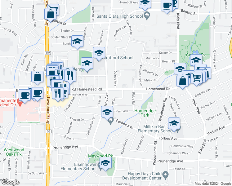 map of restaurants, bars, coffee shops, grocery stores, and more near 3190 Homestead Road in Santa Clara