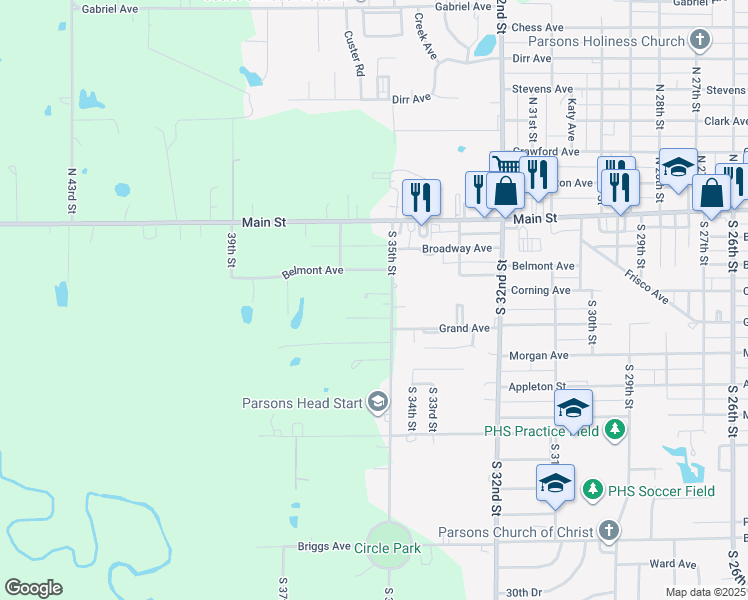 map of restaurants, bars, coffee shops, grocery stores, and more near 301-383 South 35th Street in Parsons
