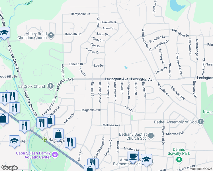map of restaurants, bars, coffee shops, grocery stores, and more near 1933 Carolina Lane in Cape Girardeau