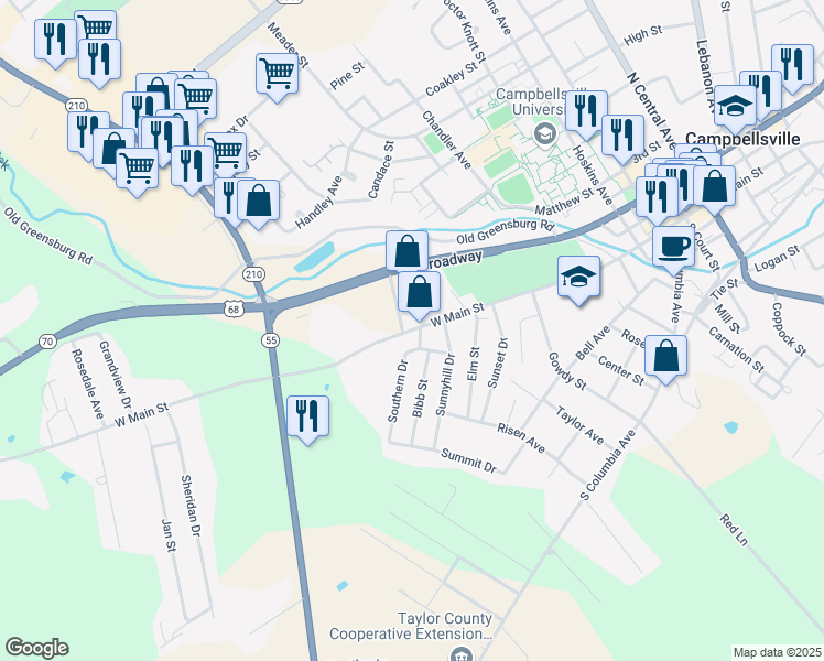 map of restaurants, bars, coffee shops, grocery stores, and more near 610 West Main Street in Campbellsville