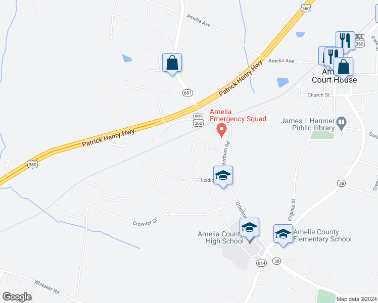 map of restaurants, bars, coffee shops, grocery stores, and more near 16921 Zion Hill Road in Amelia Court House
