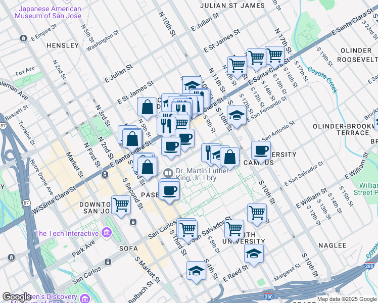 map of restaurants, bars, coffee shops, grocery stores, and more near 295 East San Fernando Street in San Jose