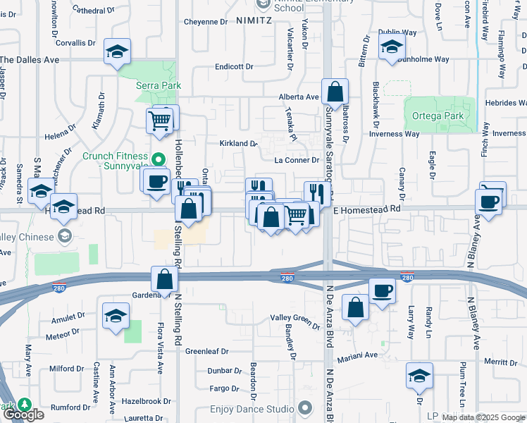 map of restaurants, bars, coffee shops, grocery stores, and more near 20676 West Homestead Road in Cupertino