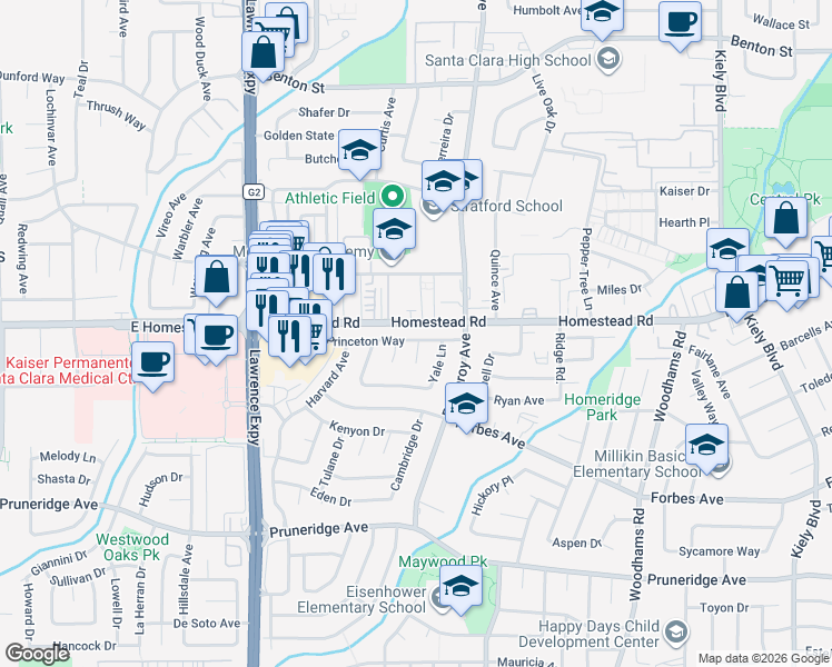 map of restaurants, bars, coffee shops, grocery stores, and more near 3331 Princeton Way in Santa Clara