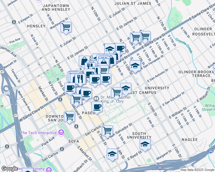 map of restaurants, bars, coffee shops, grocery stores, and more near 272 East Santa Clara Street in San Jose