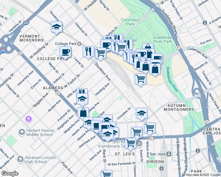 map of restaurants, bars, coffee shops, grocery stores, and more near 714 Harding Avenue in San Jose