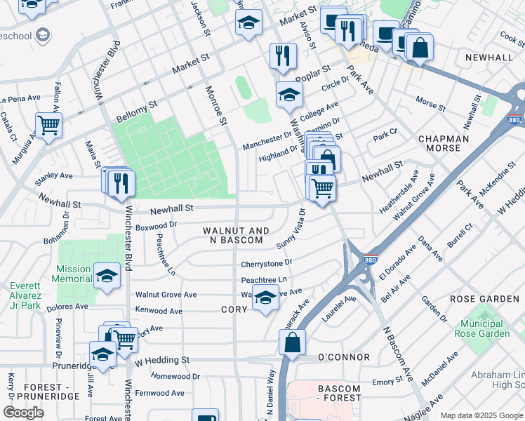 map of restaurants, bars, coffee shops, grocery stores, and more near 2257 Newhall Street in Santa Clara