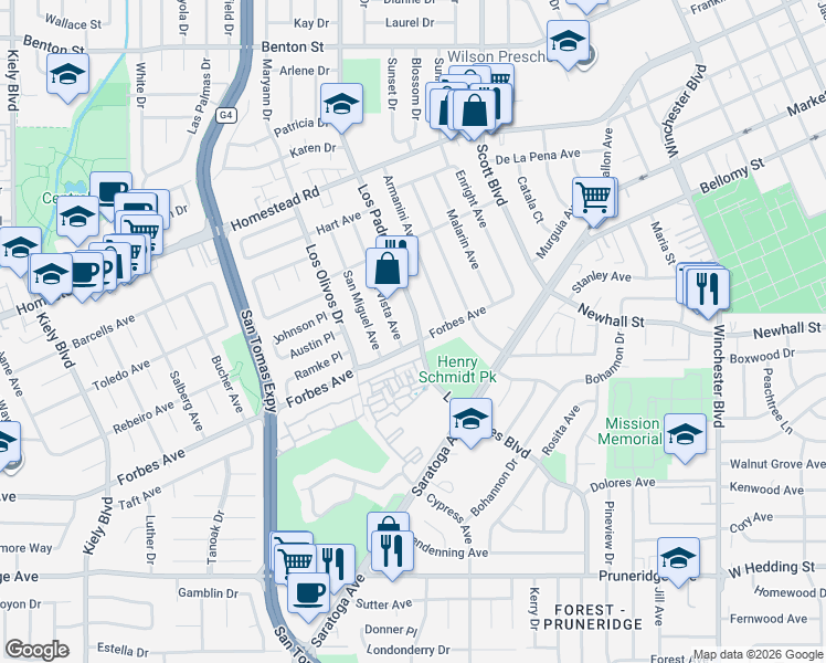 map of restaurants, bars, coffee shops, grocery stores, and more near 623 Los Padres Boulevard in Santa Clara