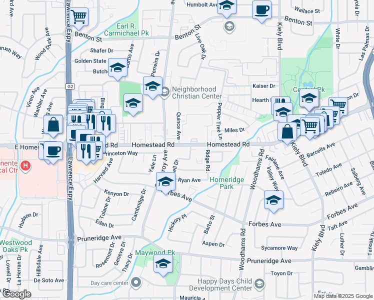 map of restaurants, bars, coffee shops, grocery stores, and more near 3160 Homestead Road in Santa Clara