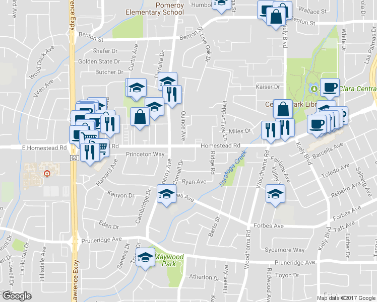 map of restaurants, bars, coffee shops, grocery stores, and more near 3160 Homestead Road in Santa Clara