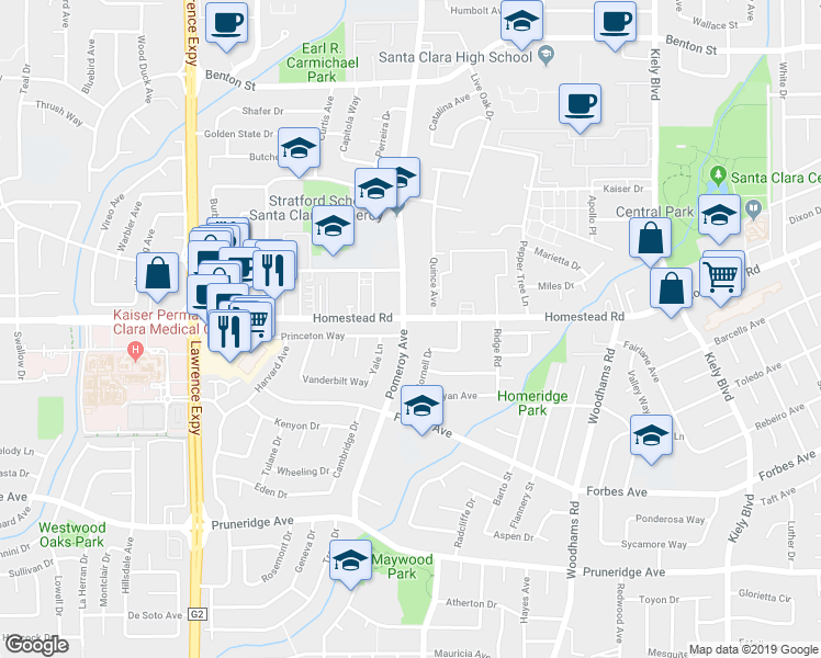 map of restaurants, bars, coffee shops, grocery stores, and more near in Santa Clara