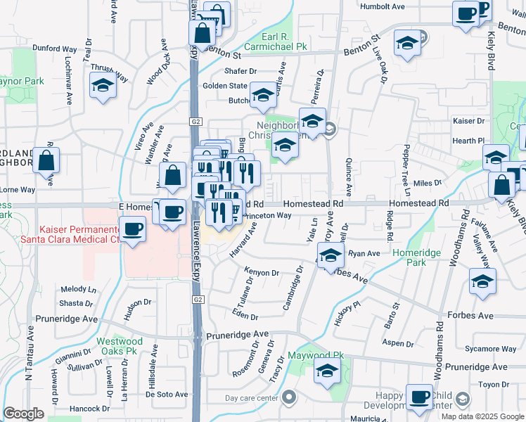 map of restaurants, bars, coffee shops, grocery stores, and more near 3455 Homestead Road in Santa Clara