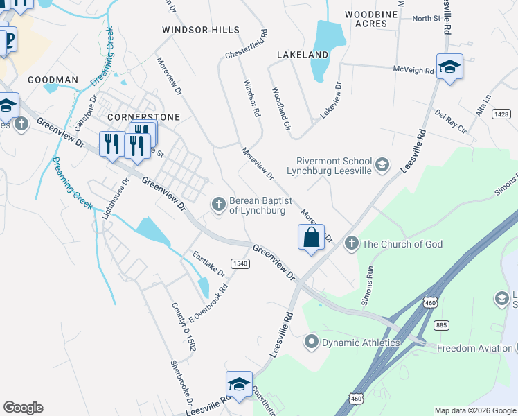 map of restaurants, bars, coffee shops, grocery stores, and more near 1029 Morey Place in Lynchburg