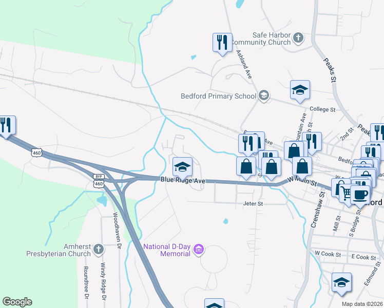 map of restaurants, bars, coffee shops, grocery stores, and more near 718 Blue Ridge Avenue in Bedford