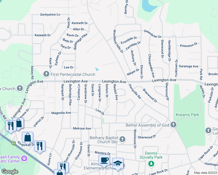 map of restaurants, bars, coffee shops, grocery stores, and more near 1970 Delwin Street in Cape Girardeau