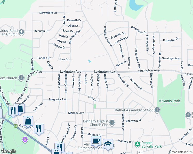 map of restaurants, bars, coffee shops, grocery stores, and more near 1970 Delwin Street in Cape Girardeau