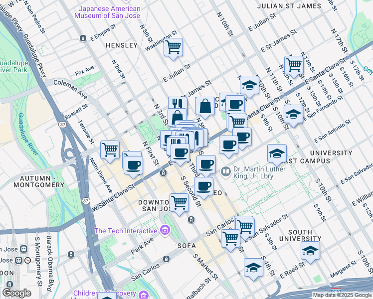 map of restaurants, bars, coffee shops, grocery stores, and more near 30 North 3rd Street in San Jose