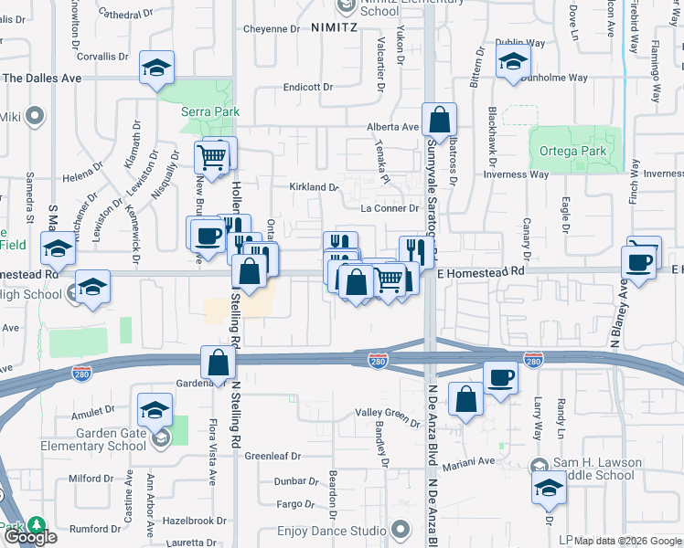 map of restaurants, bars, coffee shops, grocery stores, and more near 20676 West Homestead Road in Cupertino