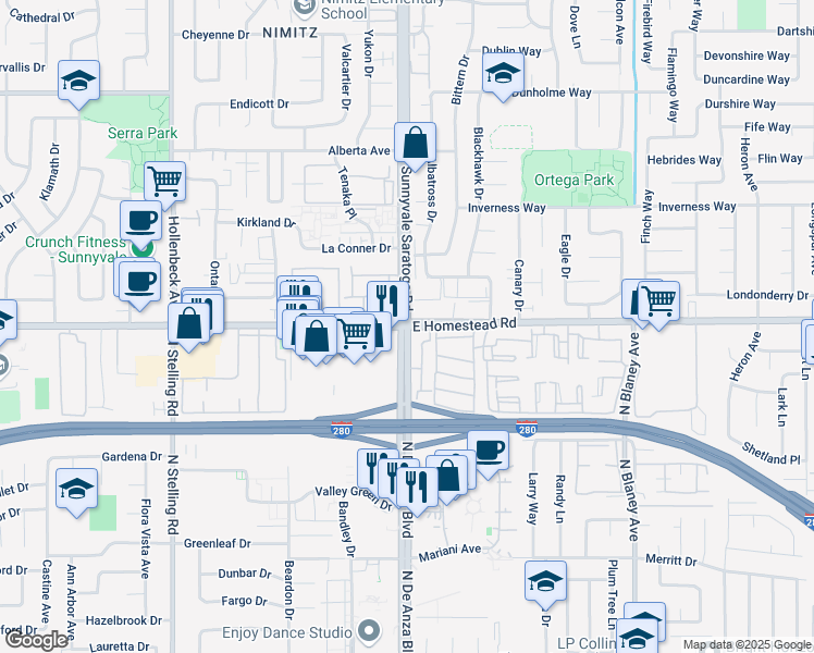 map of restaurants, bars, coffee shops, grocery stores, and more near E Homestead Rd & N De Anza Blvd in Cupertino
