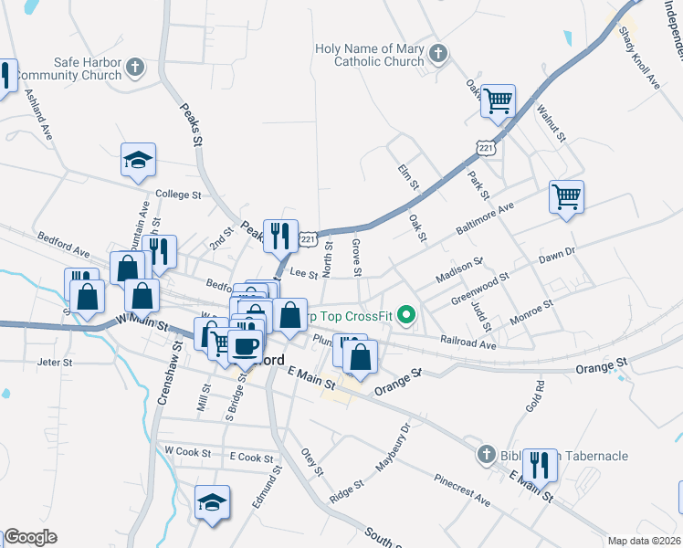 map of restaurants, bars, coffee shops, grocery stores, and more near 613 North Street in Bedford