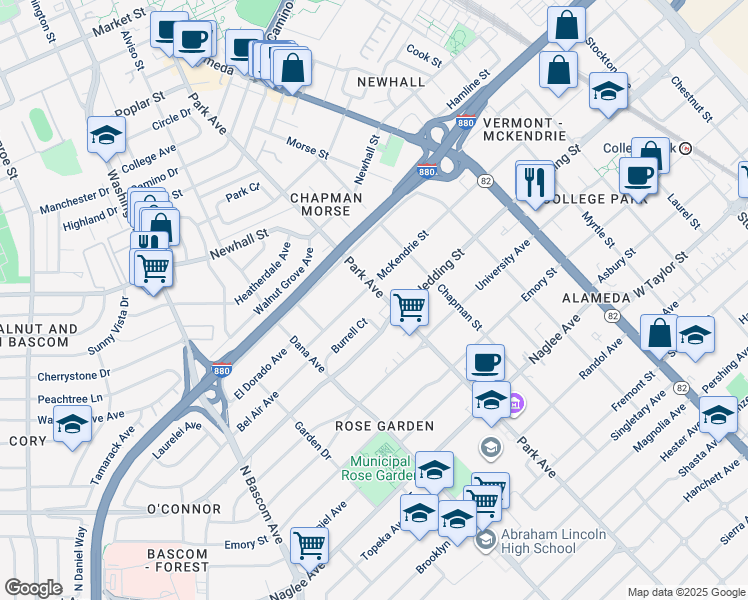 map of restaurants, bars, coffee shops, grocery stores, and more near 1945 Park Avenue in San Jose