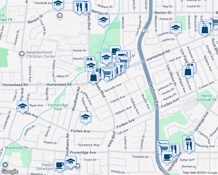 map of restaurants, bars, coffee shops, grocery stores, and more near 2701 Barcells Avenue in Santa Clara