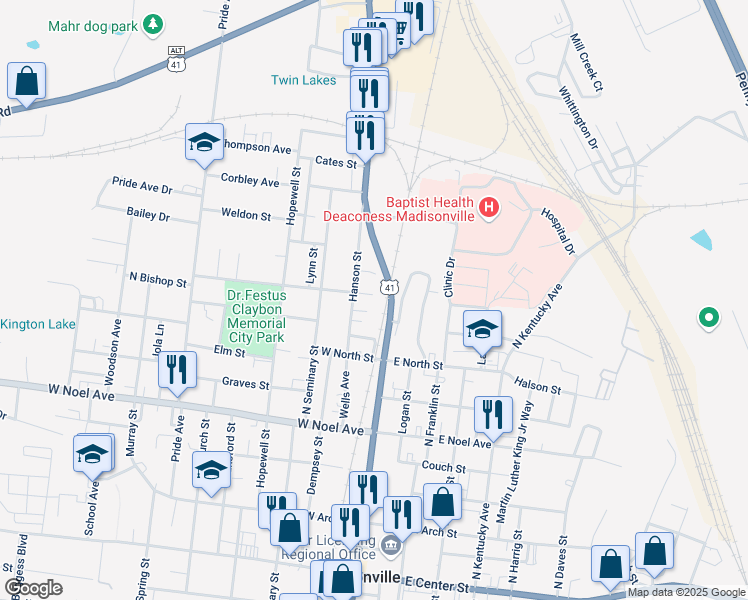 map of restaurants, bars, coffee shops, grocery stores, and more near Nisbet Street in Madisonville