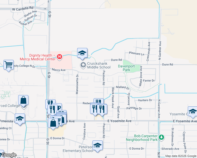 map of restaurants, bars, coffee shops, grocery stores, and more near in Merced