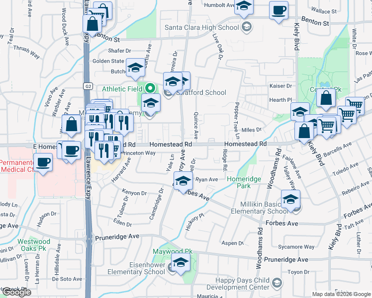 map of restaurants, bars, coffee shops, grocery stores, and more near in Santa Clara