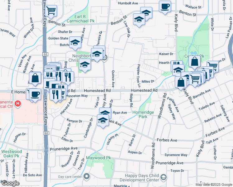 map of restaurants, bars, coffee shops, grocery stores, and more near 3160 Homestead Road in Santa Clara