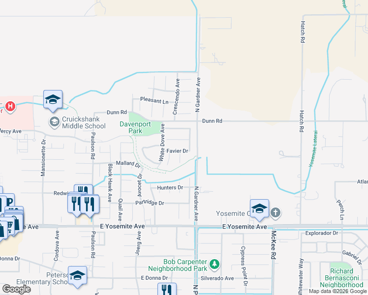 map of restaurants, bars, coffee shops, grocery stores, and more near 1443 Favier Drive in Merced
