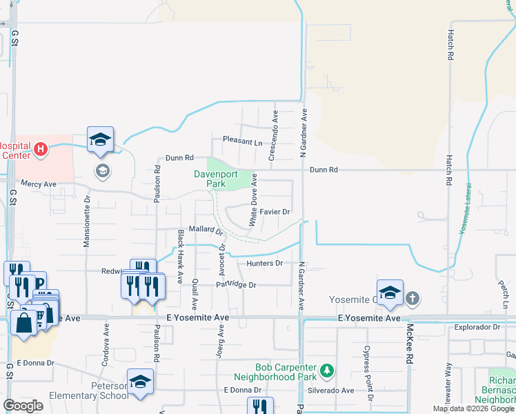 map of restaurants, bars, coffee shops, grocery stores, and more near 1440 Hogan Court in Merced