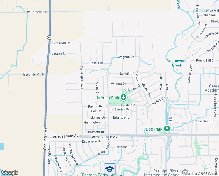map of restaurants, bars, coffee shops, grocery stores, and more near 1297 Orion Court in Merced