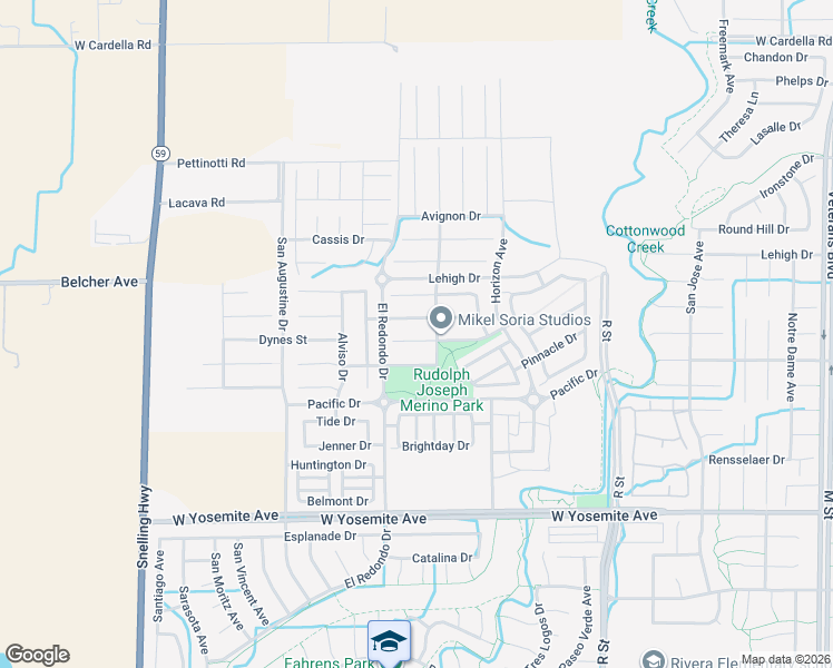 map of restaurants, bars, coffee shops, grocery stores, and more near 1256 Wildcat Drive in Merced