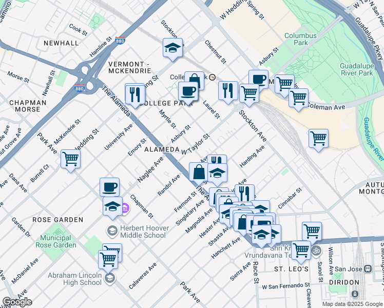 map of restaurants, bars, coffee shops, grocery stores, and more near 990 West Taylor Street in San Jose