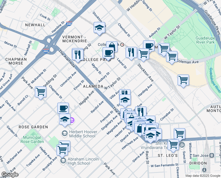 map of restaurants, bars, coffee shops, grocery stores, and more near 1022 West Taylor Street in San Jose