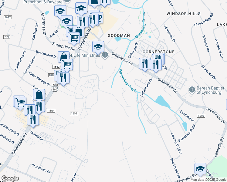 map of restaurants, bars, coffee shops, grocery stores, and more near 237 Mulberry Circle in Lynchburg