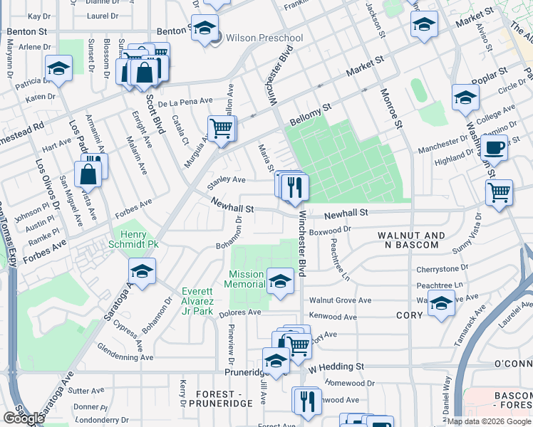 map of restaurants, bars, coffee shops, grocery stores, and more near 2657 Newhall Street in Santa Clara