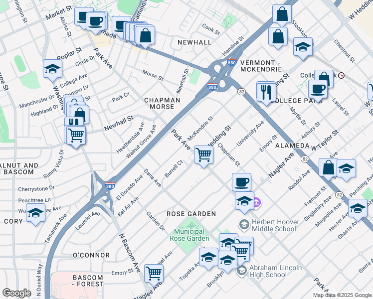 map of restaurants, bars, coffee shops, grocery stores, and more near 1945 Park Avenue in San Jose